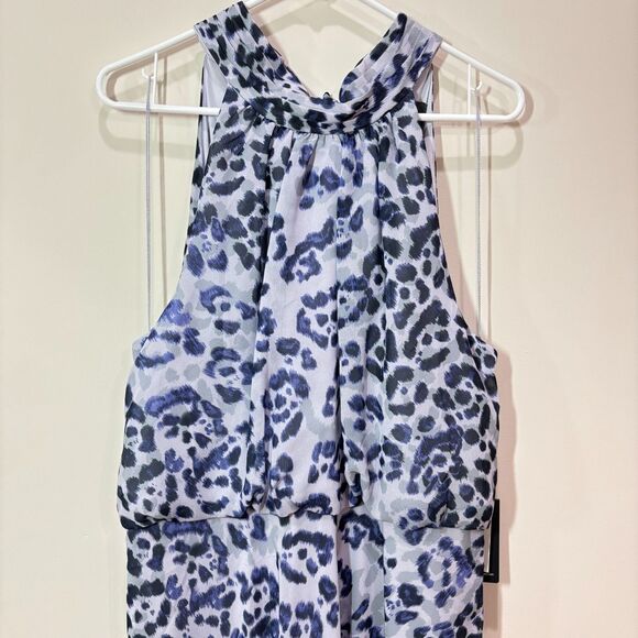 Adrianna Papell Purple Animal Print Midi Halter Tie Dress Womes 14 Wedding Party - Picture 4 of 16